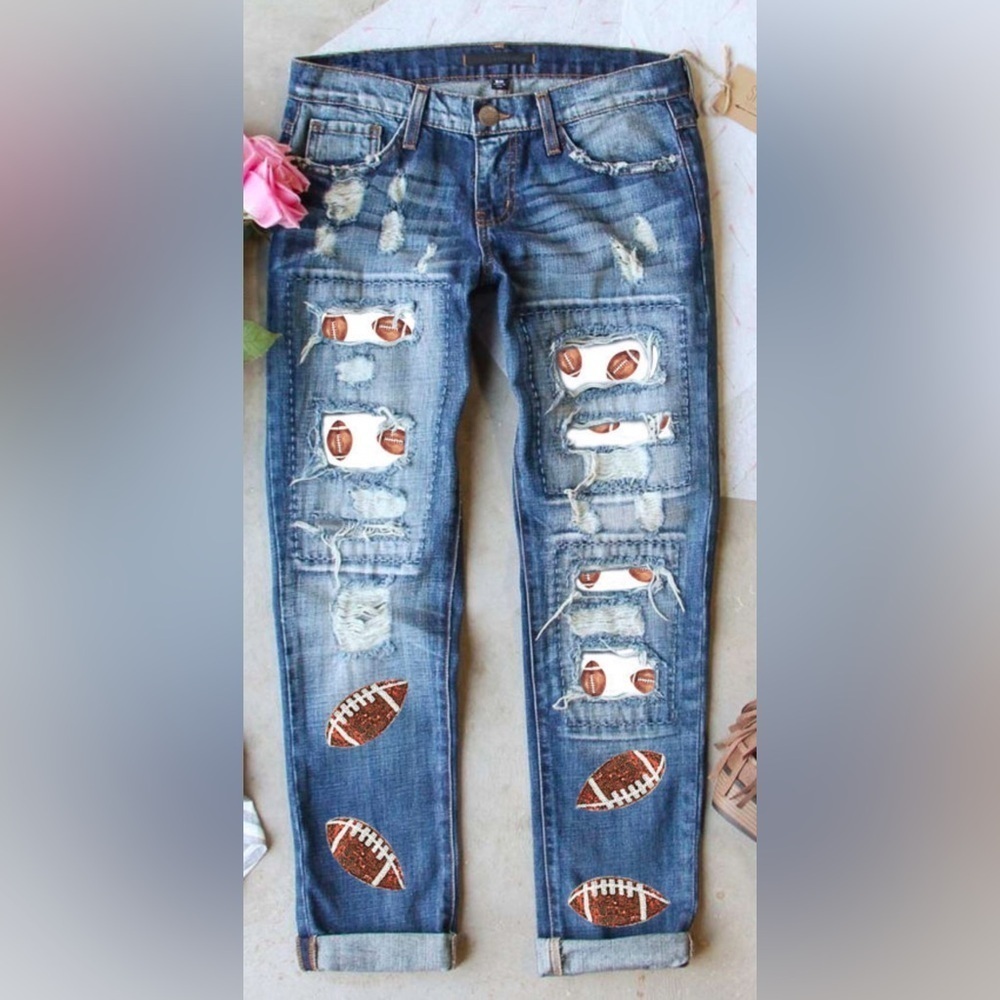 Sequin Distressed Football Patch Jeans